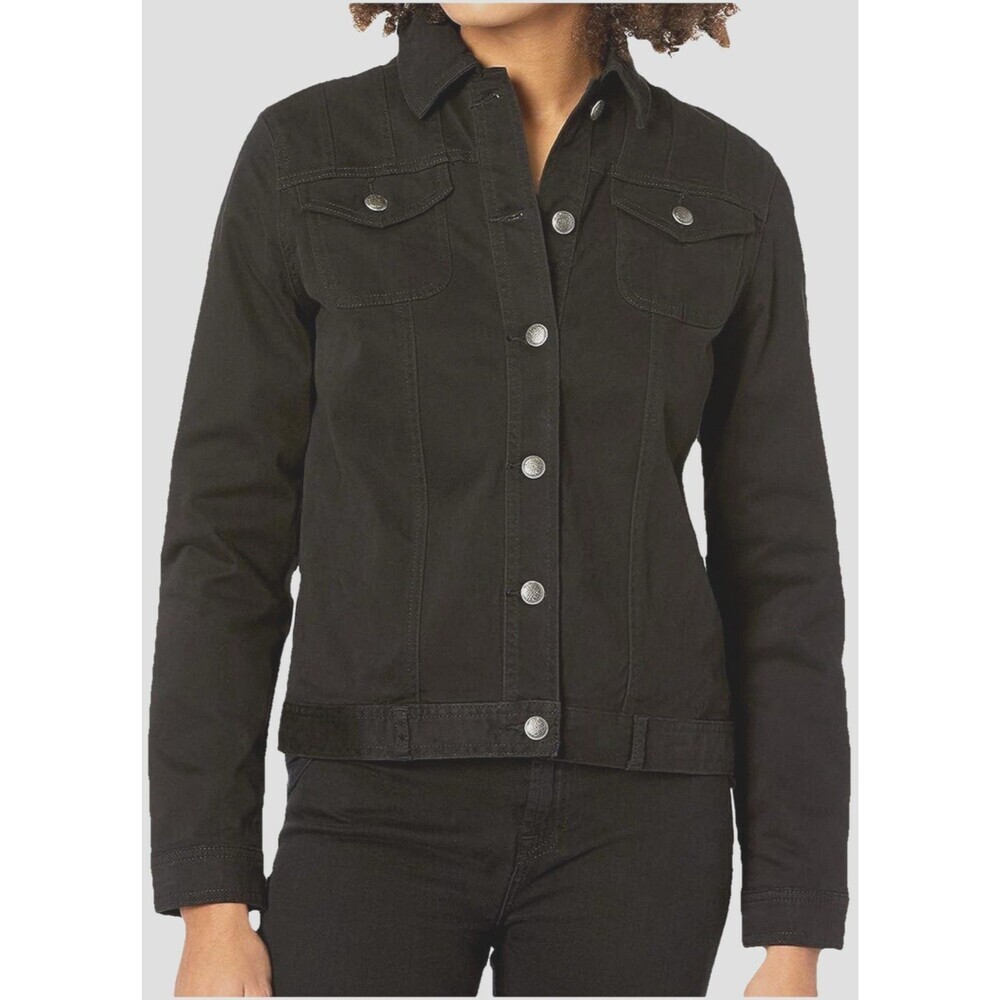 Black Denim Trucker Jacket Womens Large Fitted Button Up Grunge Goth Streetwear